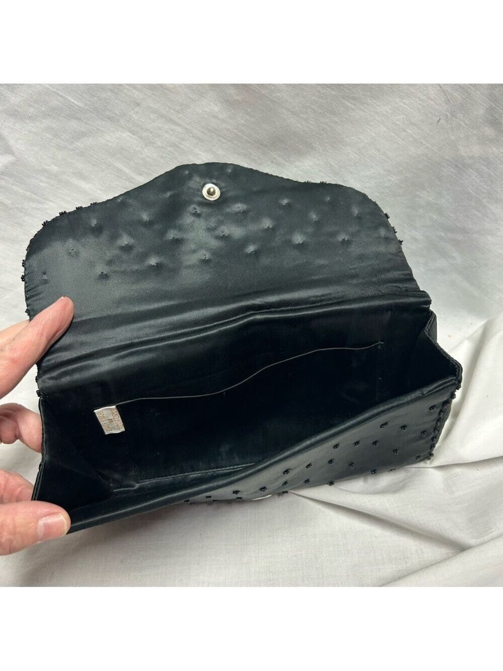 Nice Vintage Art Deco Clutch Black Beaded Sequin Satin Made In Hong Kong - Picture 7 of 9